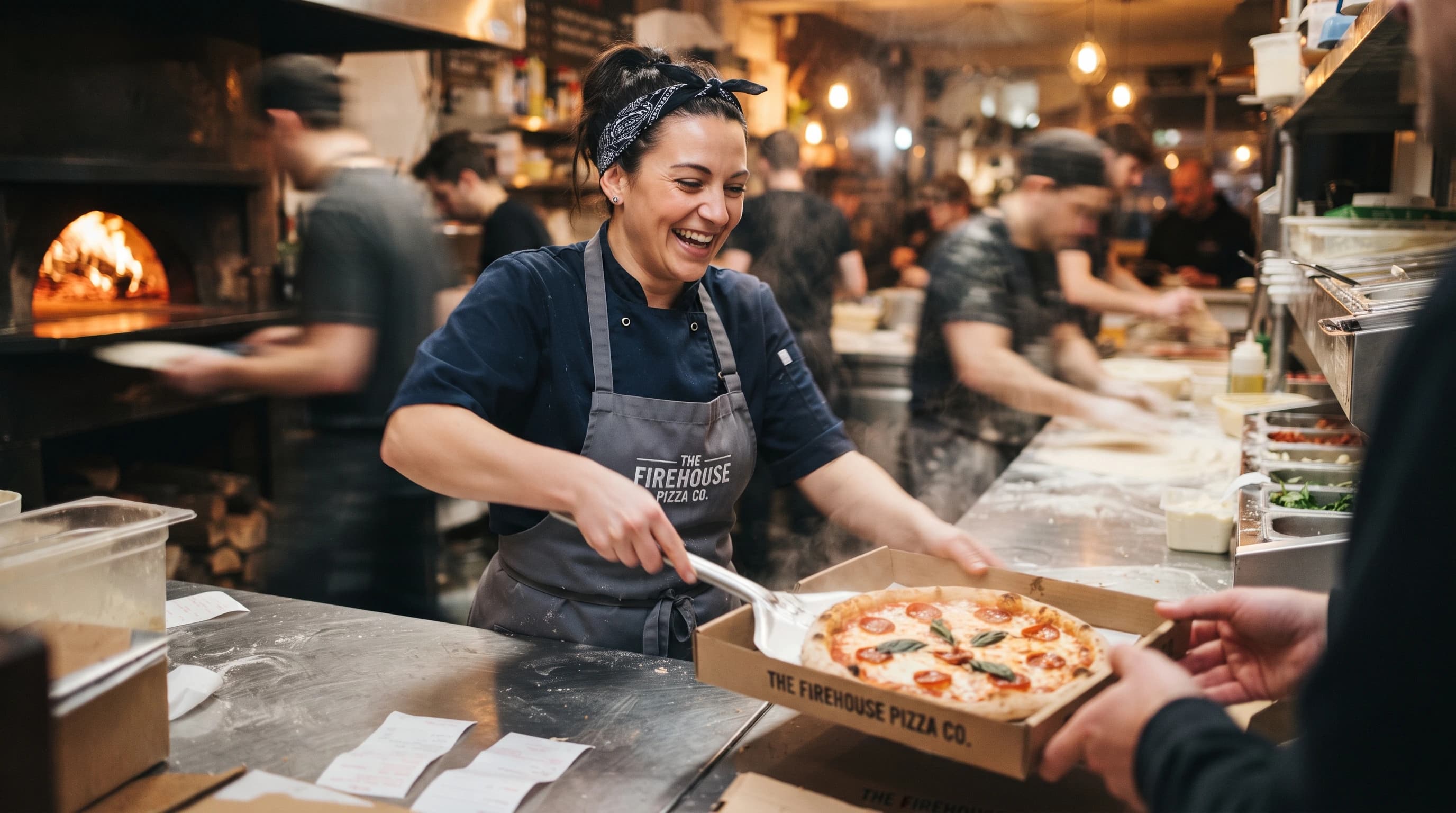 Chef sliding a wood-fired pizza into the oven