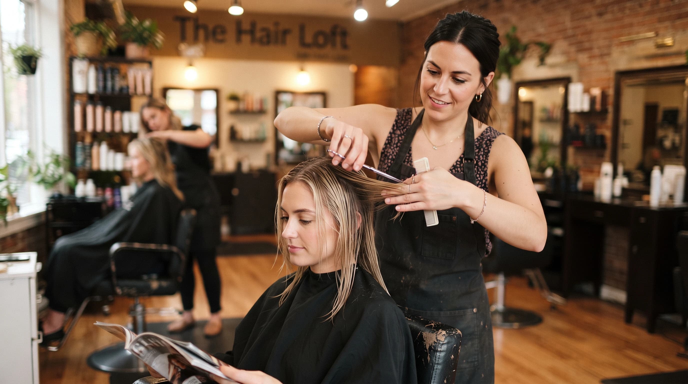 Stylist cutting client's hair
