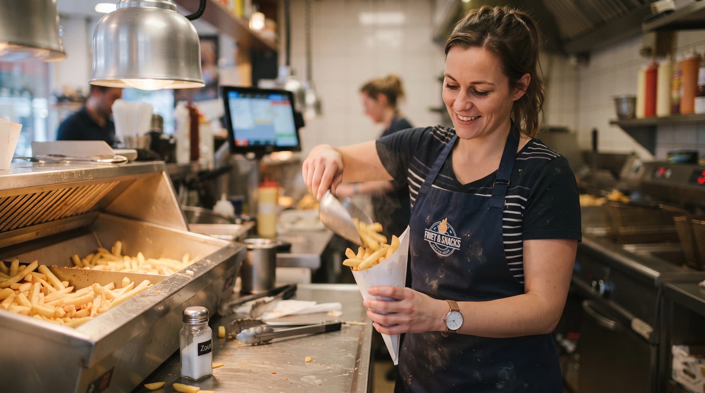 Medewerker die friet vult in een snackbar