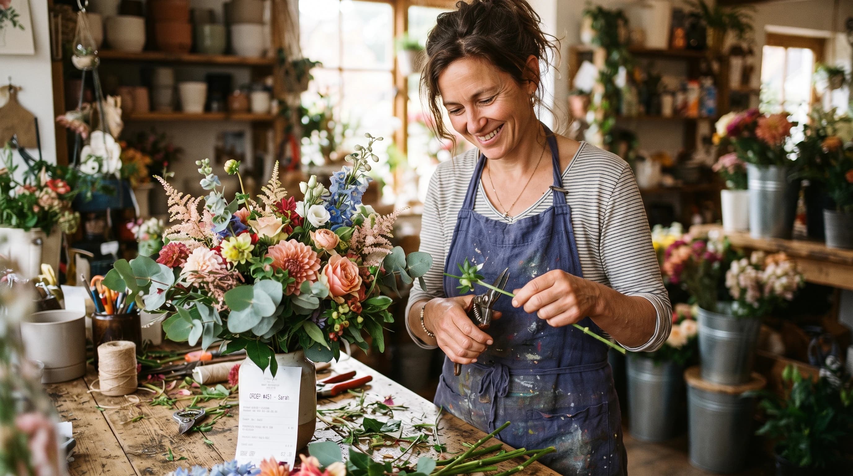 Floristin beim Arrangieren von Blumen