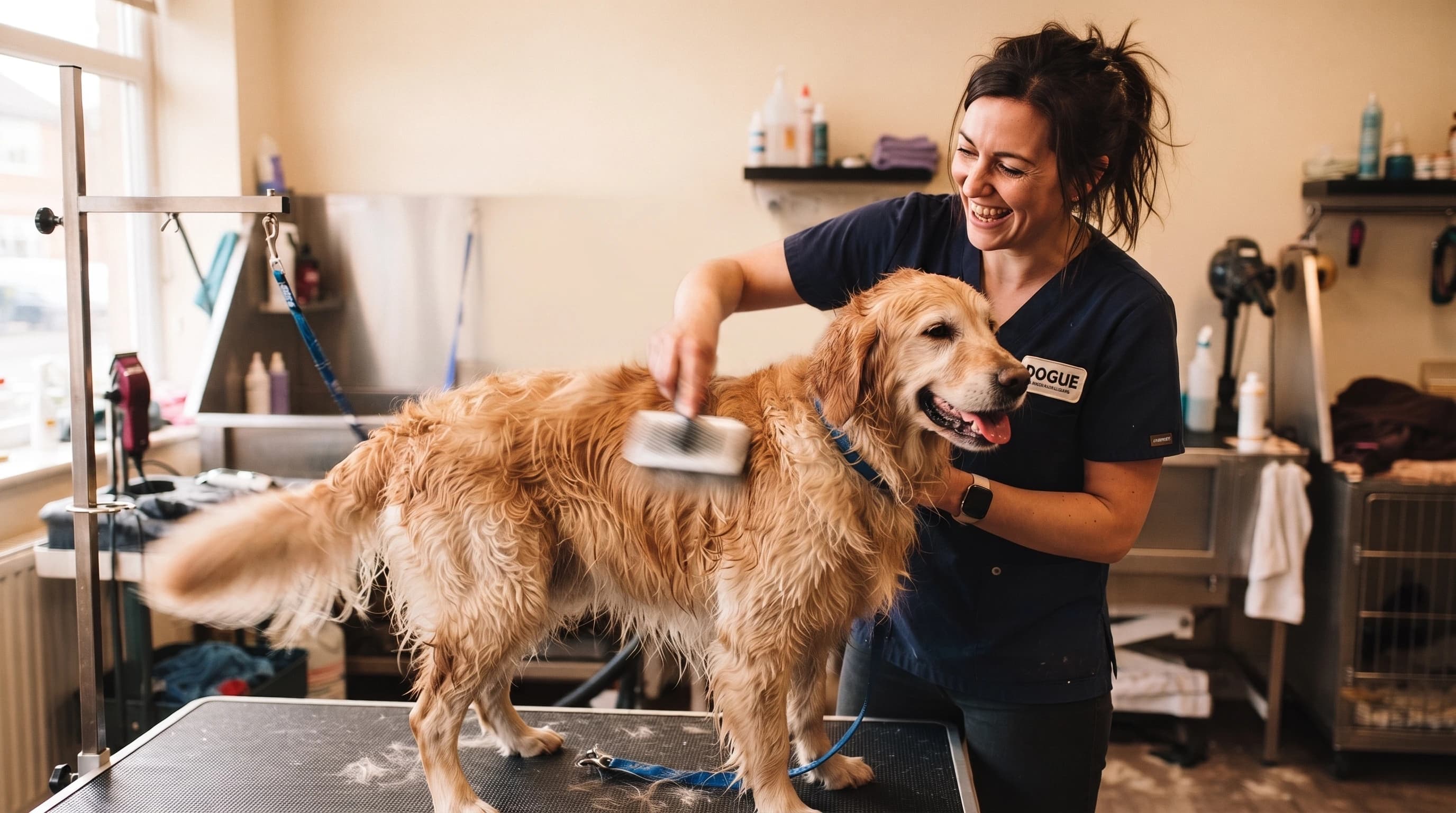 Groomer drying a happy Golden Retriever