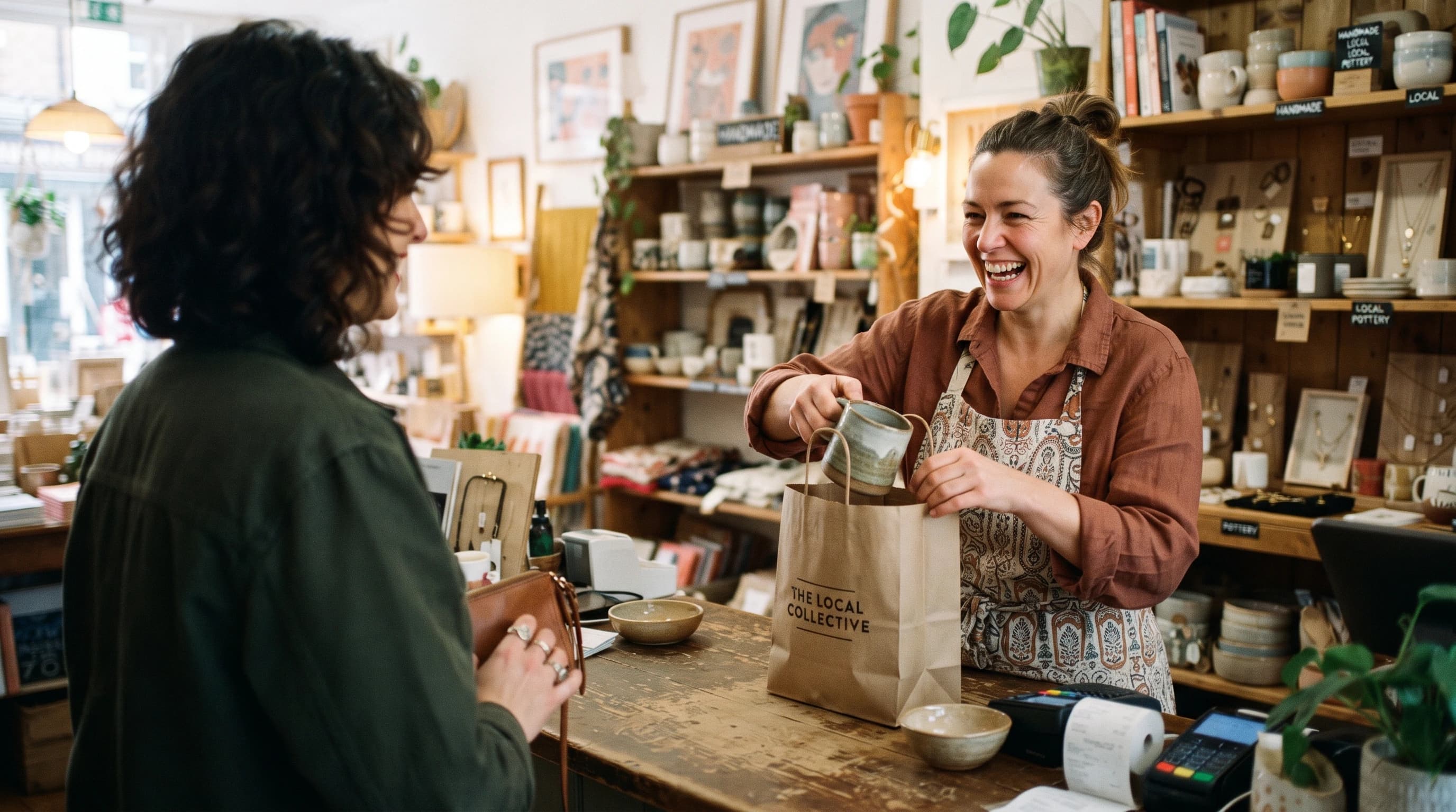 Shop owner placing product in store