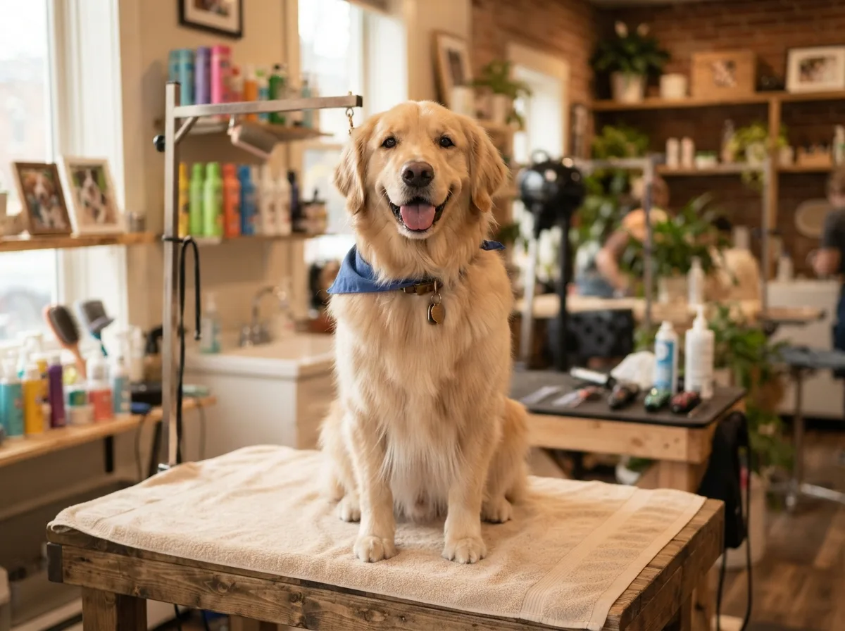Hundefriseur beim Trocknen eines glücklichen Golden Retrievers