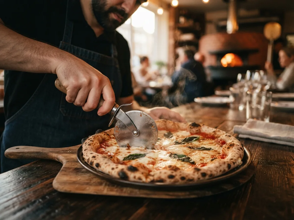 Koch beim Einschießen einer Holzofen-Pizza