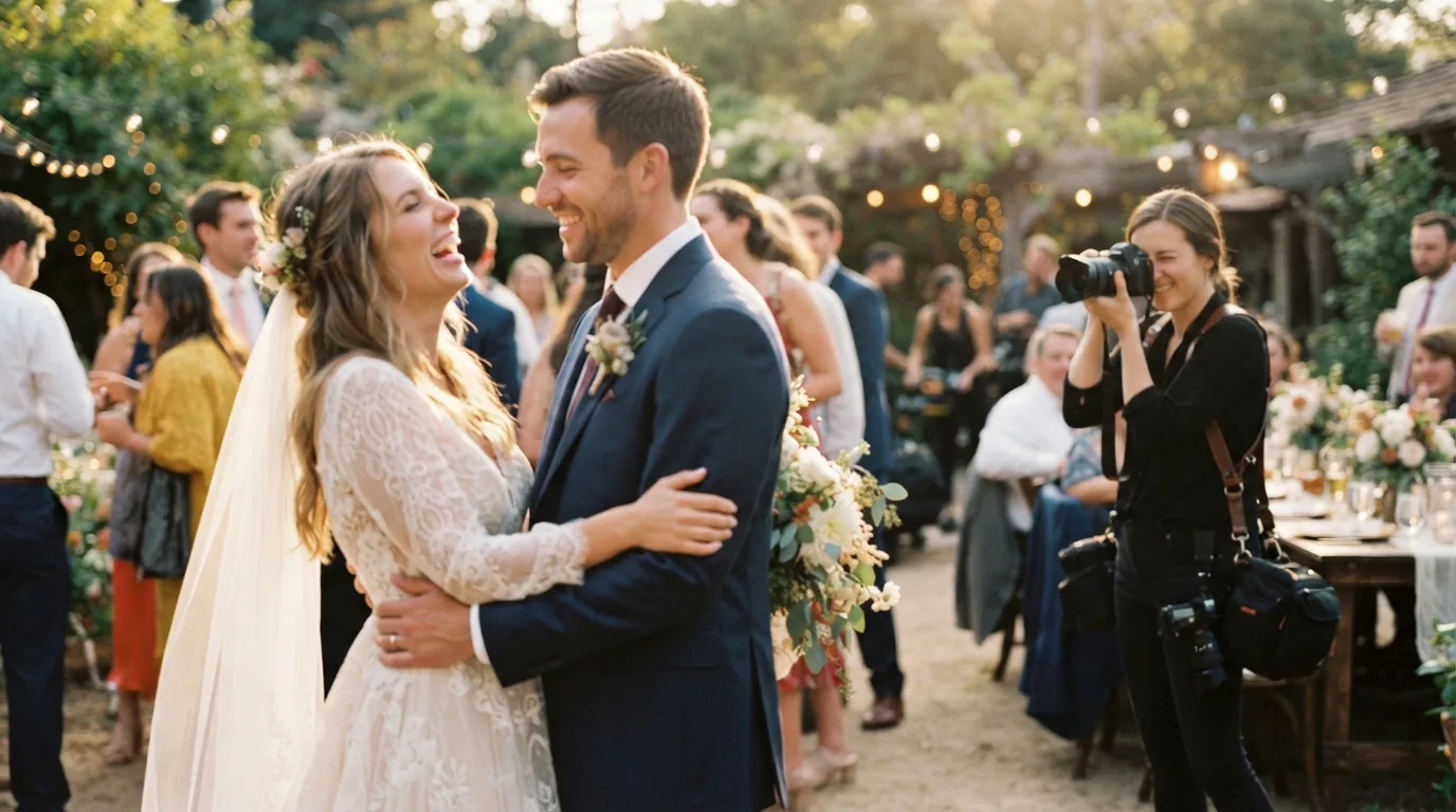 Bride and groom laughing