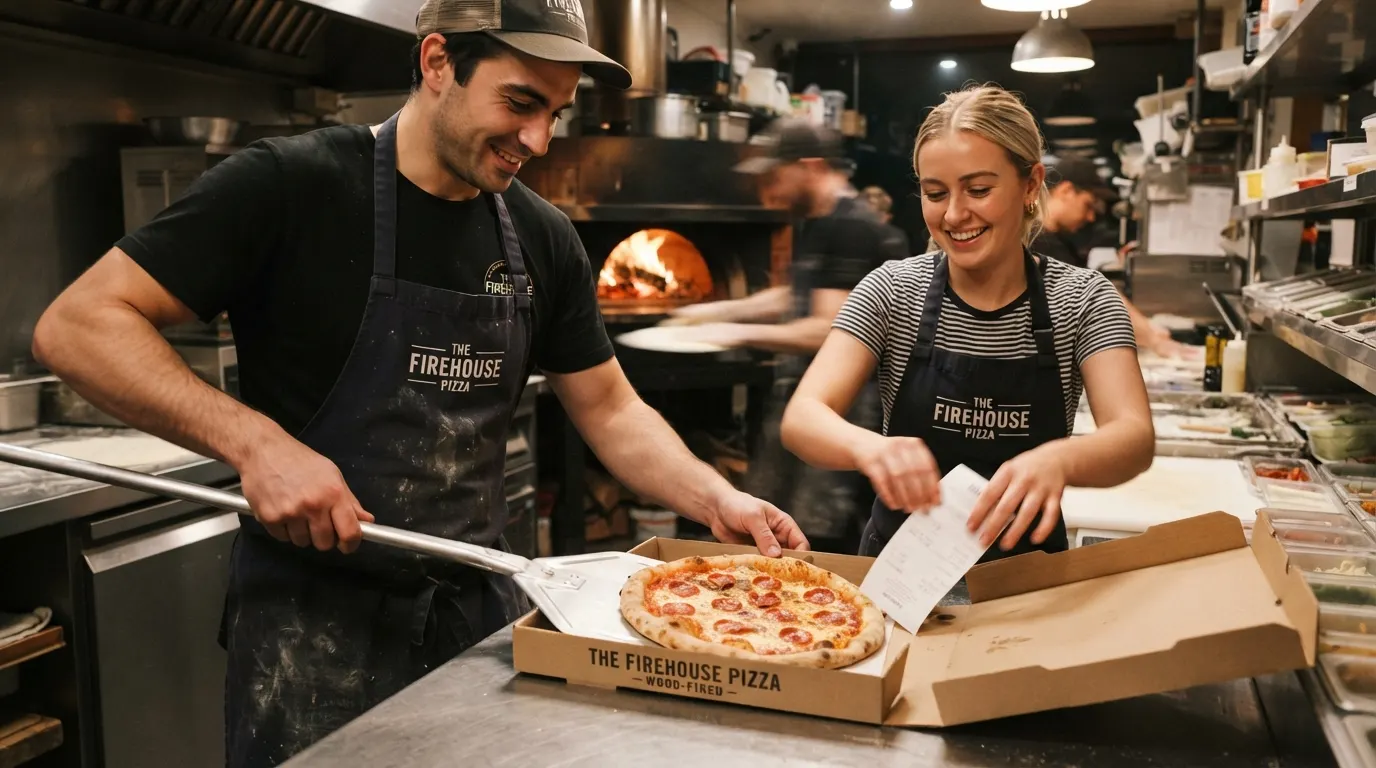 Chef handing pizza to staff
