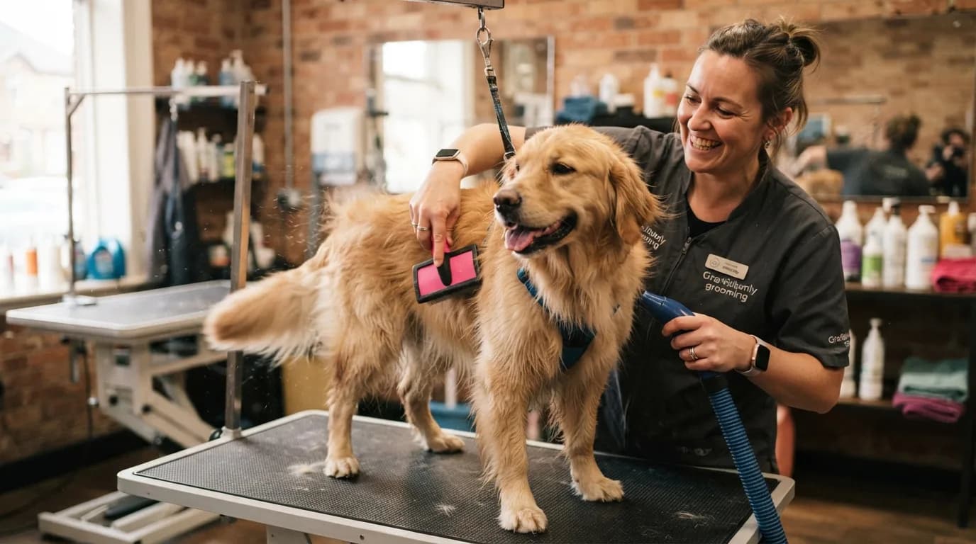 Groomer drying a happy Golden Retriever