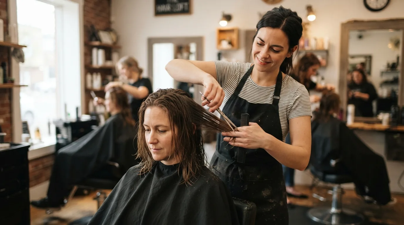 Stylist cutting client's hair