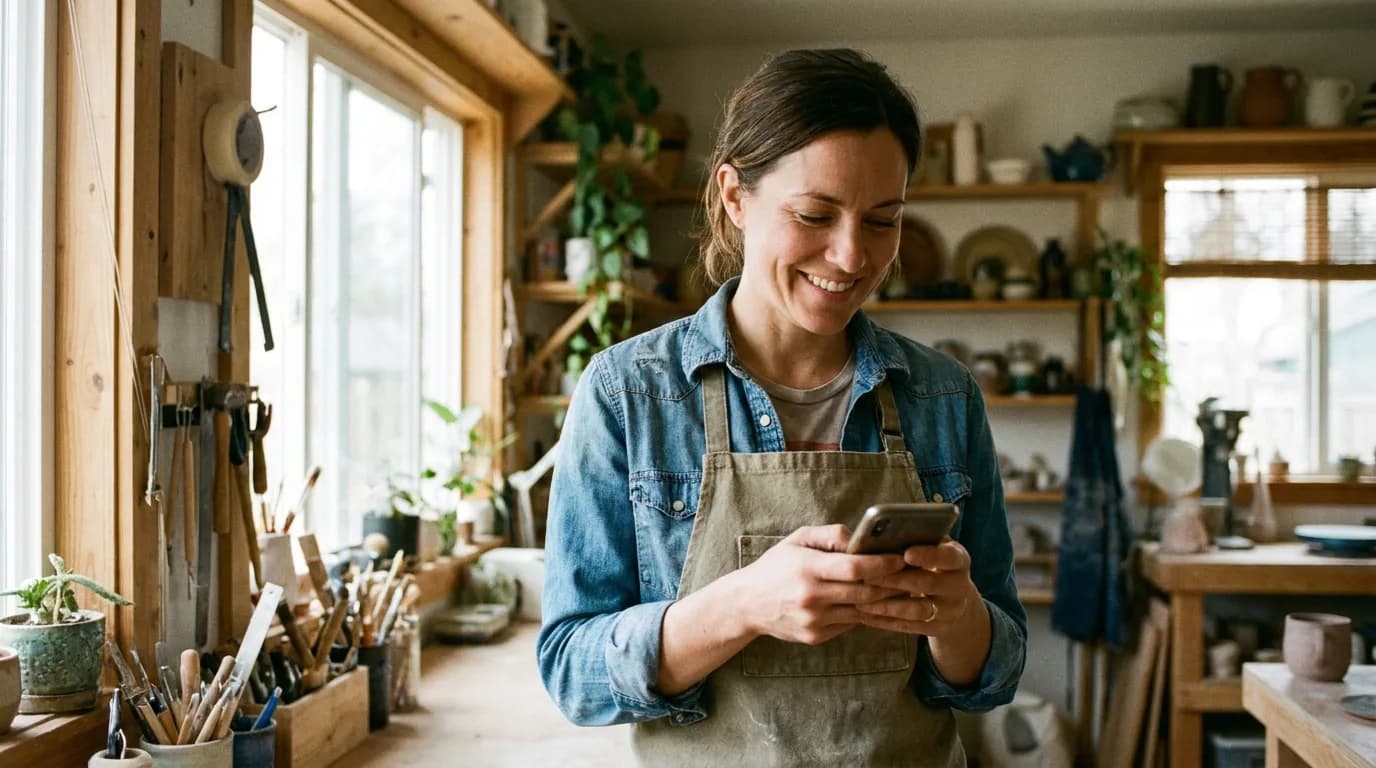 Business owner holding a smartphone